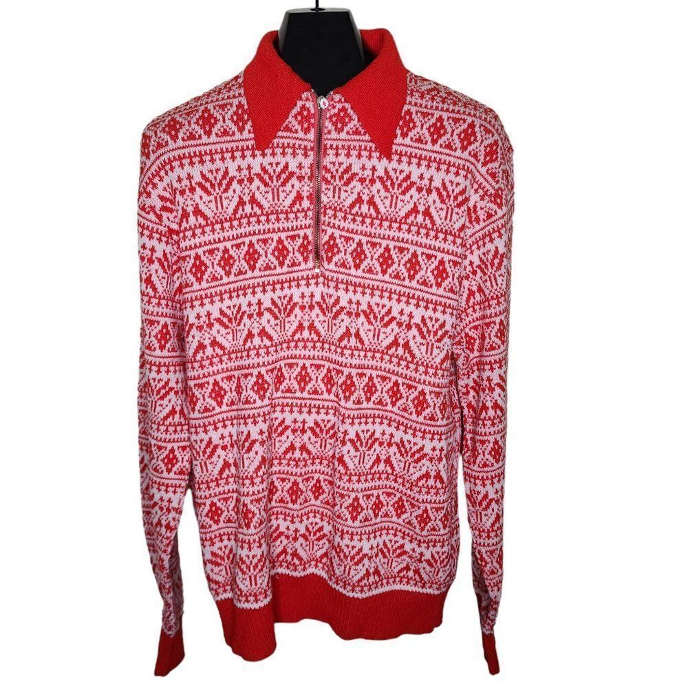 Vintage 70s Pullover Ski Sweater Mens Size L Nordic Fair Isle Quarter Zip Spread